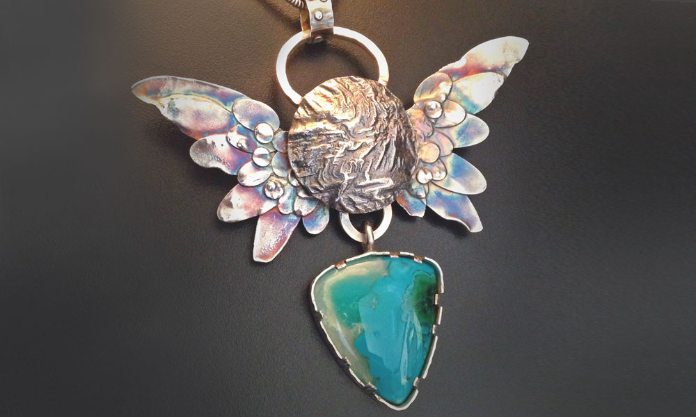 Winged Silver Pendant with Gem Silica Chrysocolla and Malachite from Robert Lopez.